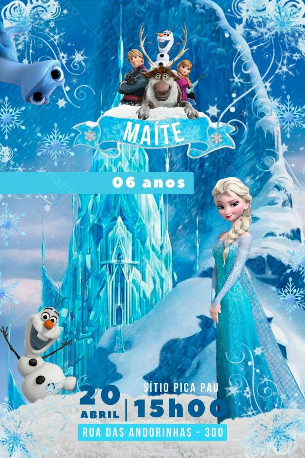Convite de Aniversário Infantil Personalizado Frozen Editável no Canva. 