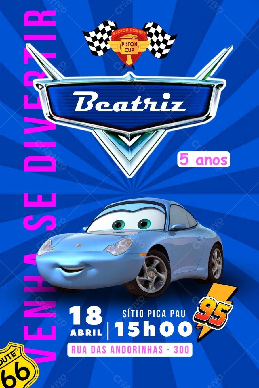 Convite Aniversário Infantil Carros Azul e Rosa Editável no Canva