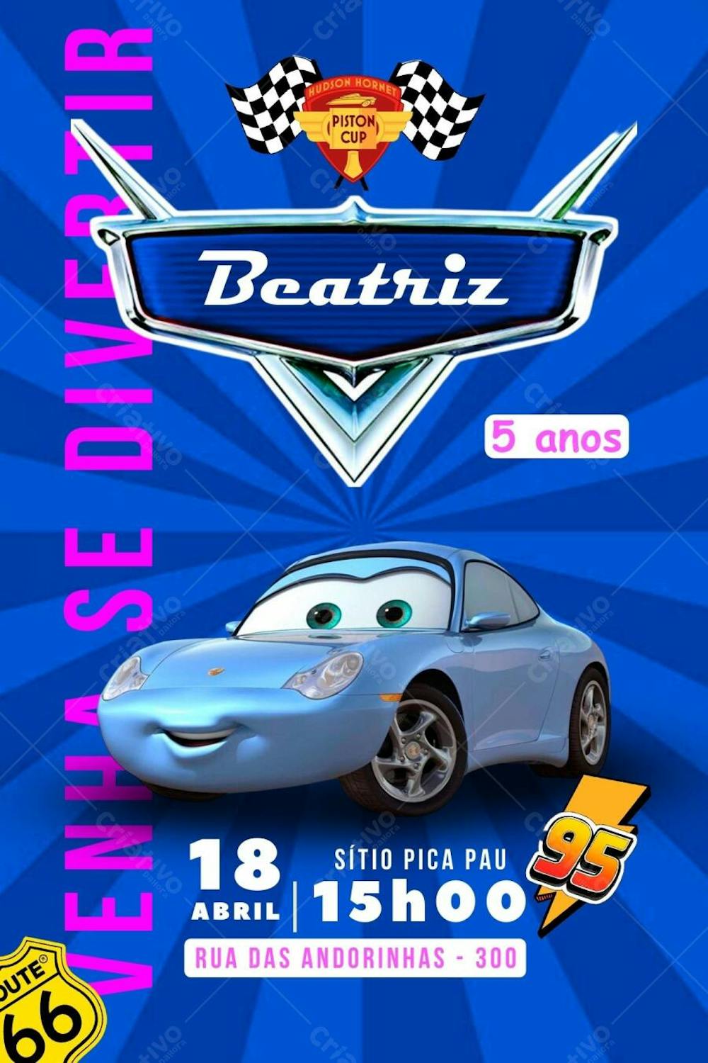 Convite de Aniversário Infantil Personalizado Desenho Carros Sally Carrera Editável no Canva. 