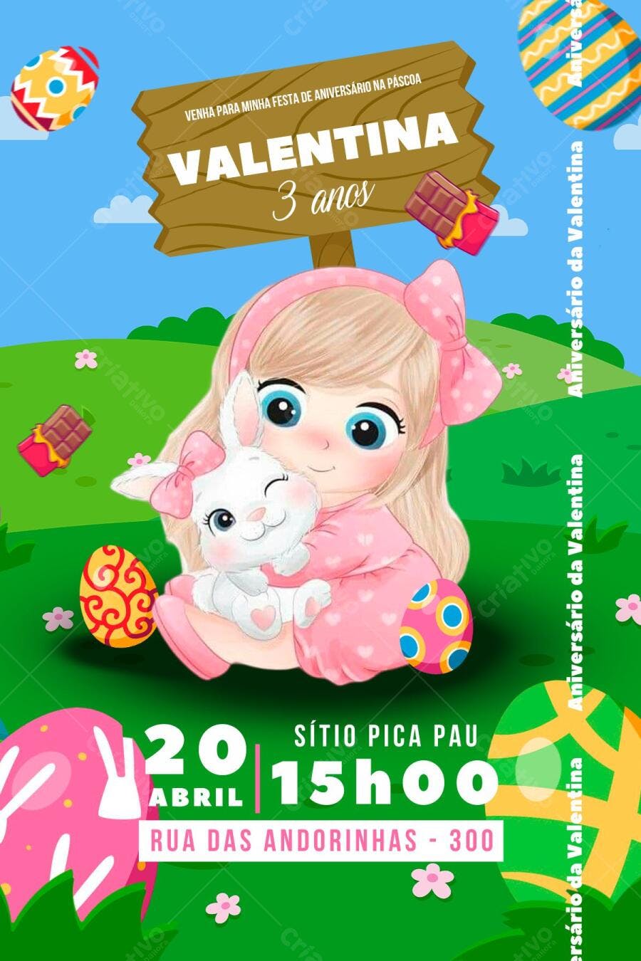 Convite Aniversário Páscoa Menina e Coelho Editável no Canva