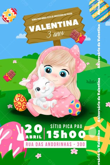 Convite de Aniversário Infantil Personalizado Tema de Páscoa Editável no Canva. 