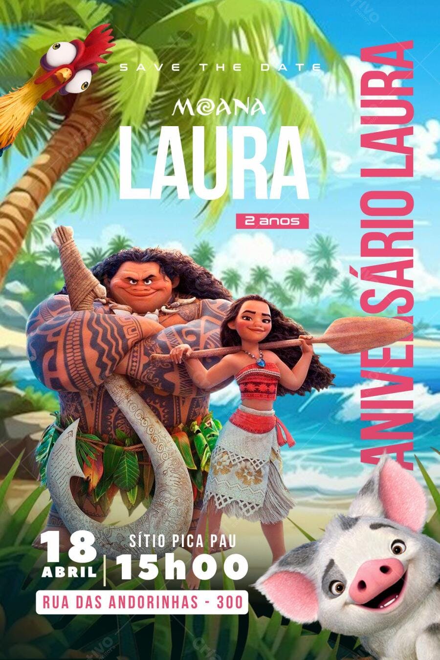 Convite de Aniversário Infantil Moana e Maui Editável no Canva