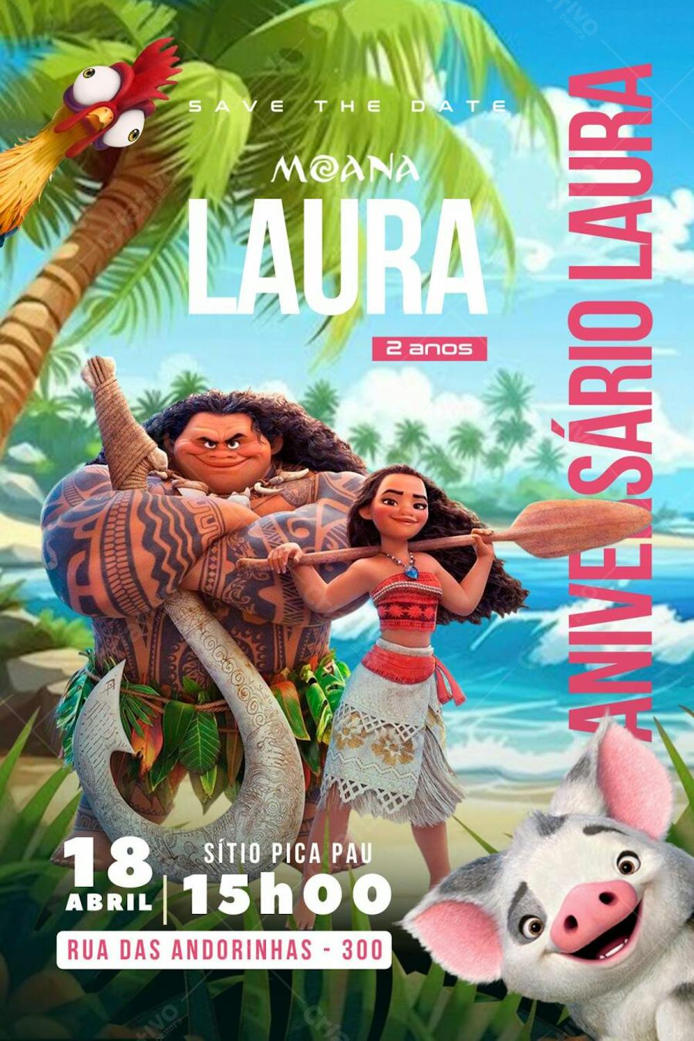 Convite de Aniversário Infantil Moana e Maui Editável no Canva