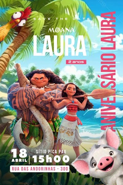 Convite de Aniversário Infantil Moana e Maui Editável no Canva