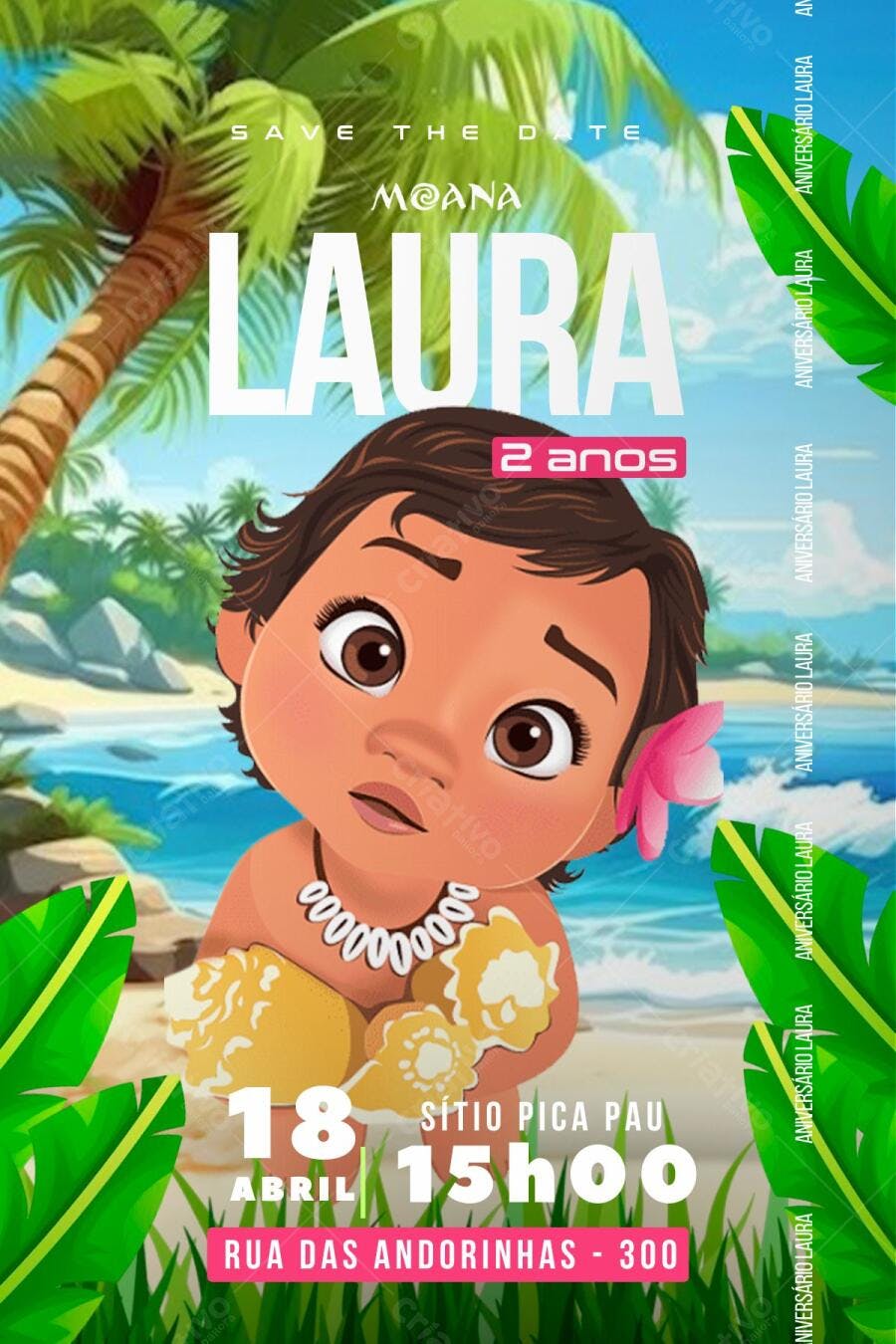 Convite de Aniversário Infantil Moana Praia Editável no Canva