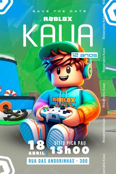 Convite de Aniversário Infantil Personalizado do Jogo Roblox Editável no Canva