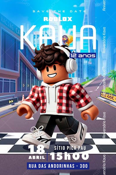 Convite de Aniversário Infantil Personalizado do Jogo Roblox Editável no Canva