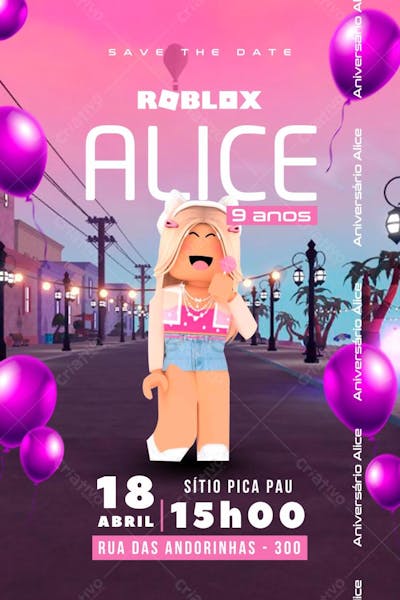 Convite de Aniversário Infantil Personalizado do Jogo Roblox Menina Editável no Canva