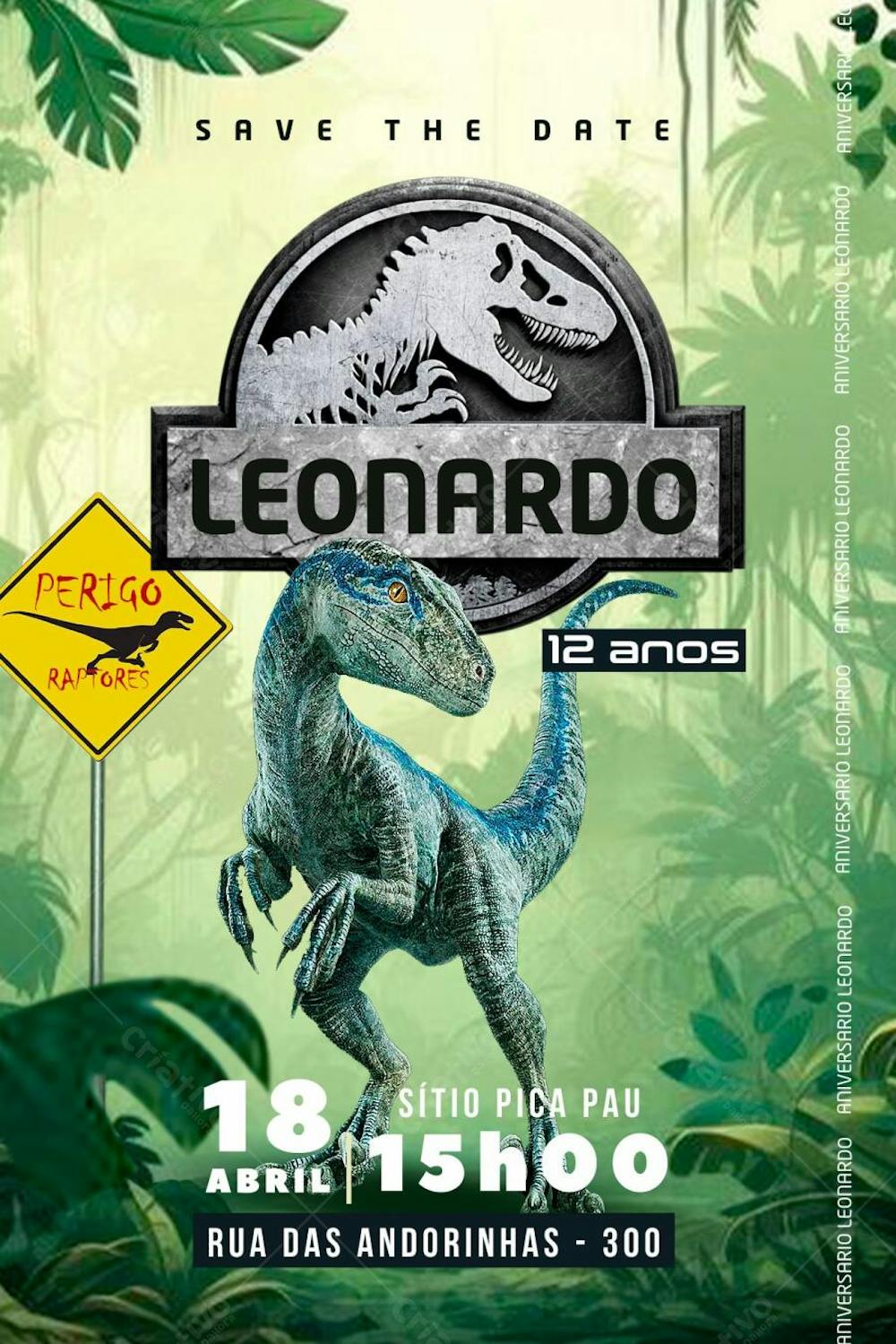 Convite de Aniversário Infantil Personalizado Jurassic World Dinossauro Blue Editável no Canva