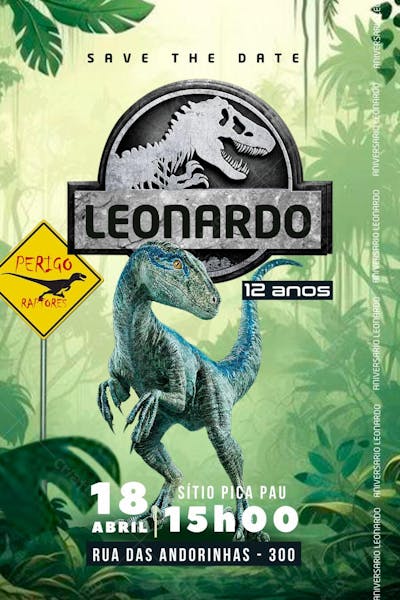Convite de Aniversário Infantil Personalizado Jurassic World Dinossauro Blue Editável no Canva