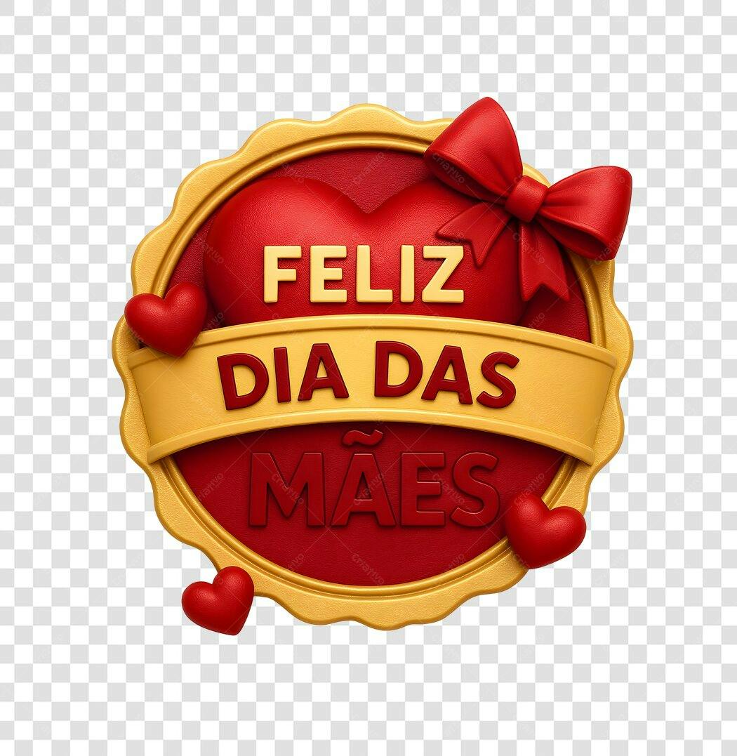 Selo Feliz Dia das Mães Coração e Laço PNG com fundo transparente