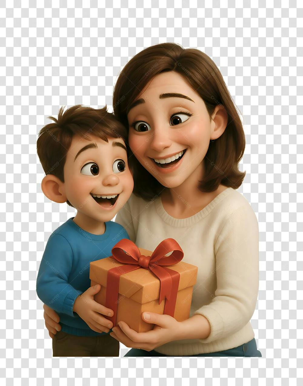 Mãe com o filho estilo pixar da disney com um presente (2)