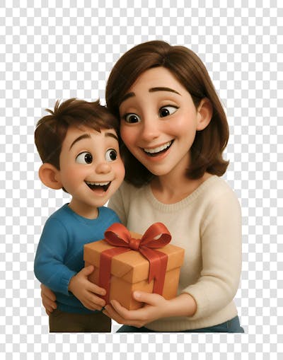 Mãe com o filho estilo pixar da disney com um presente (2)
