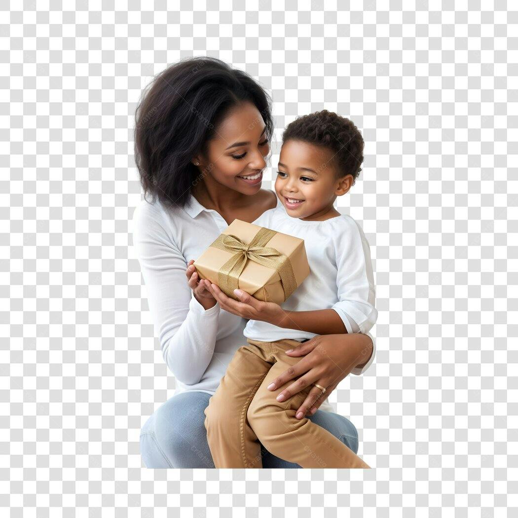 Post Dia das Mães Família Negra com Presente PNG com fundo transparente