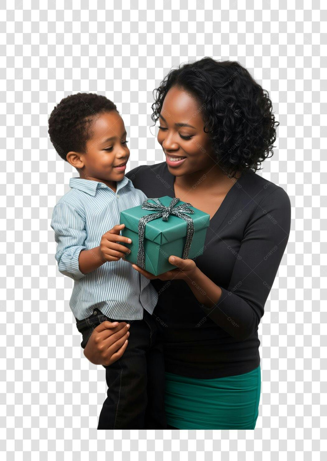 Post Dia das Mães Mulher Negra com Filho e Presente PNG com fundo transparente