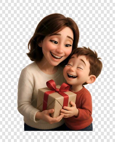 Mãe com o filho estilo pixar da disney com um presente (1)