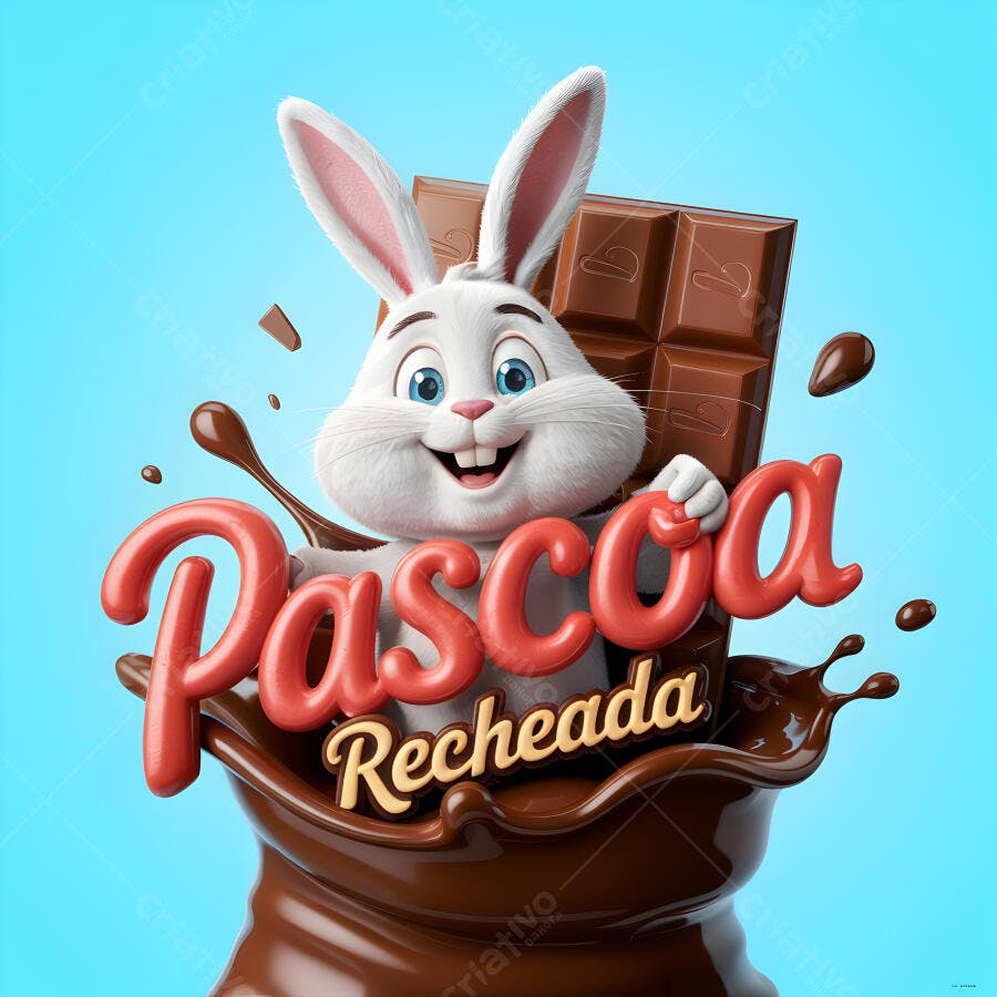 Coelho sorrindo com barra de chocolate na Páscoa
