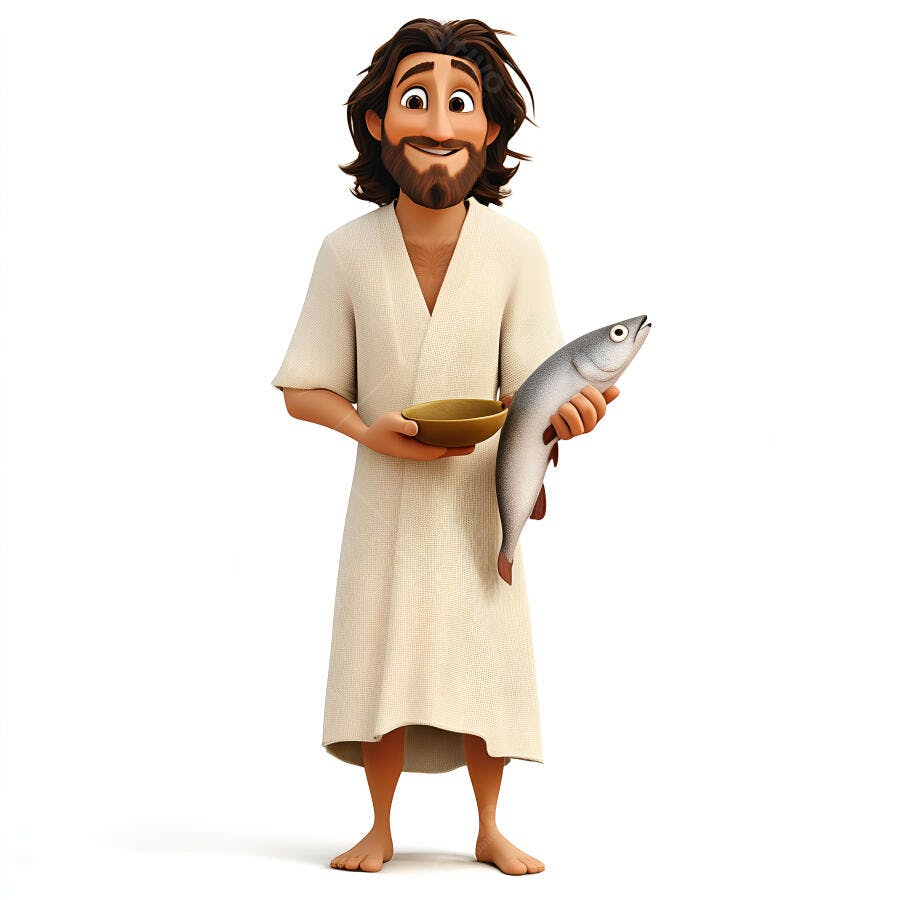 Homem com peixe e tigela ilustração 3D