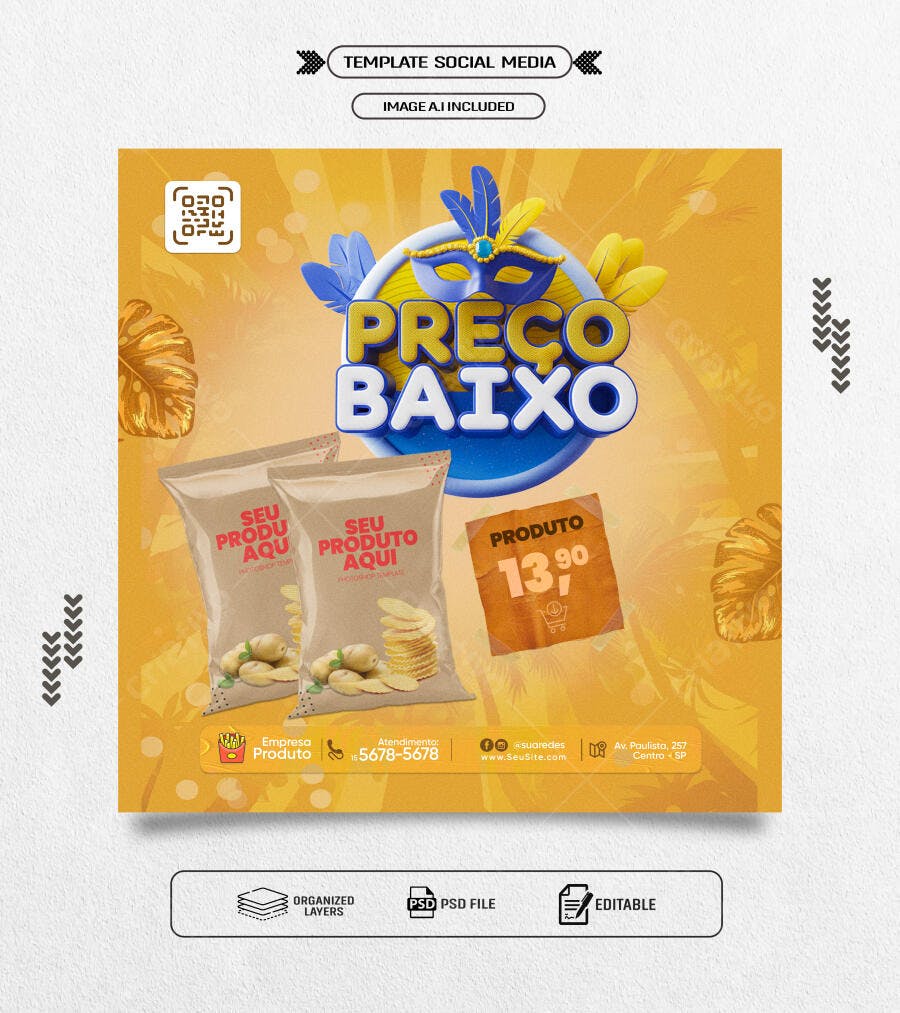 Postagem de Mídia Social para Promoção de Batata Chips PSD Editável