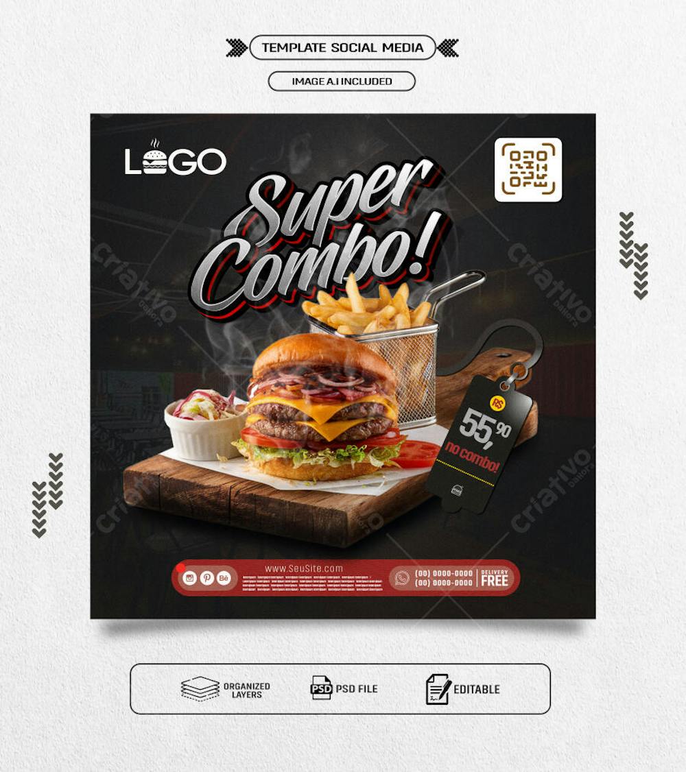 Feed panfleto promocional de hamburguer super combo