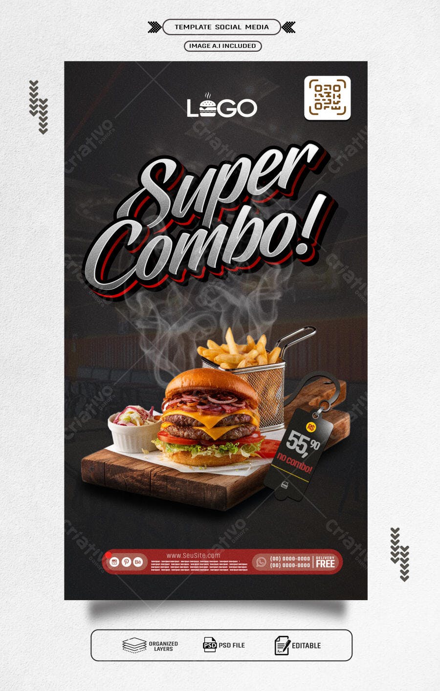 Flyer para Lançamento de Combo de Hambúrguer PSD Editável