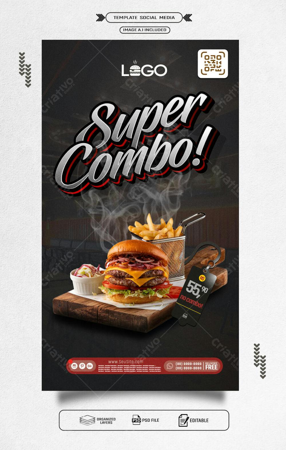 Storie panfleto promocional de hamburguer super combo