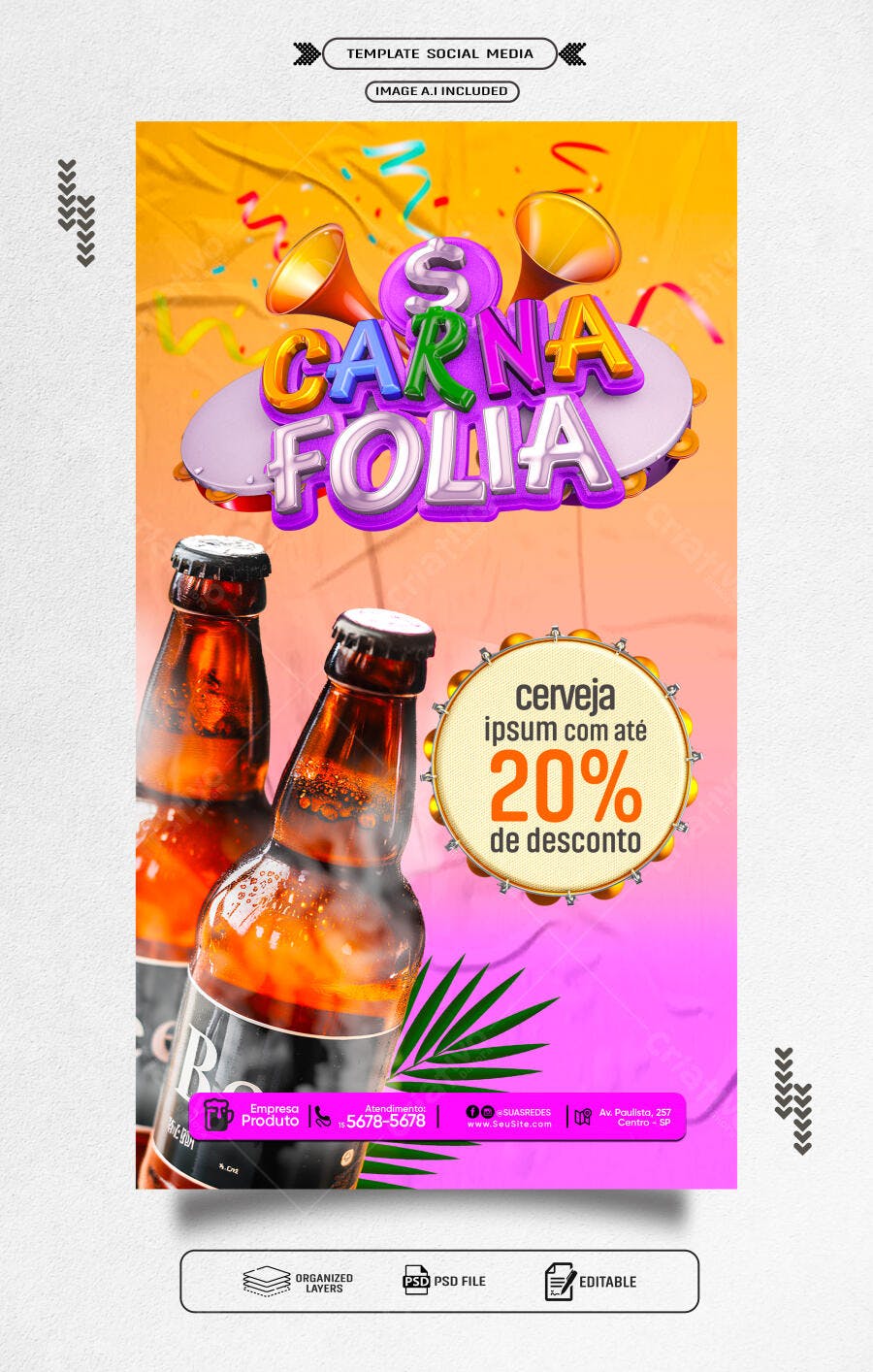 Flyer Carnaval com Cerveja PSD Editável