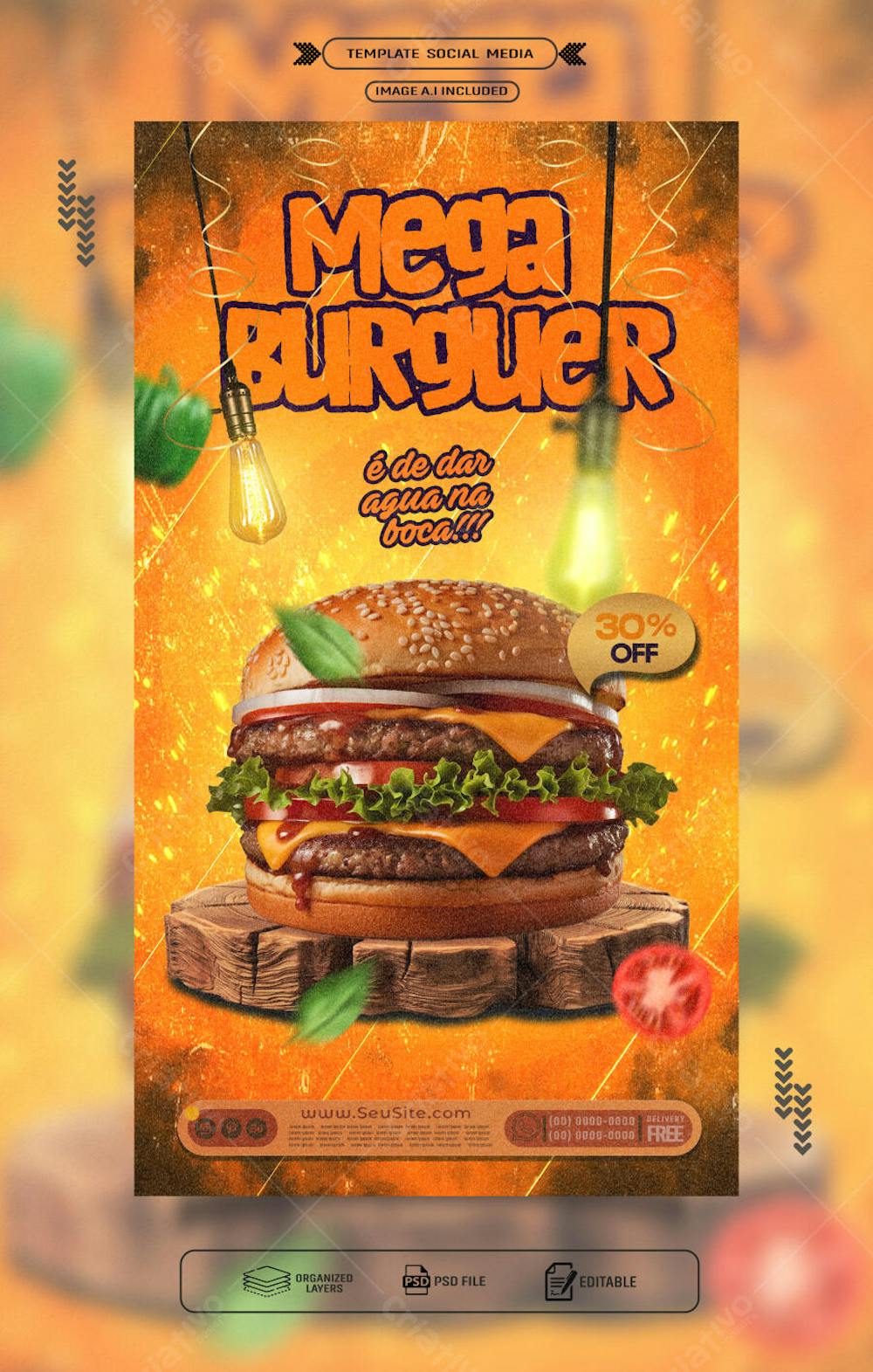 Storie panfleto promocional mega hamburguer