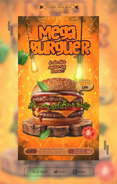 Storie panfleto promocional mega hamburguer