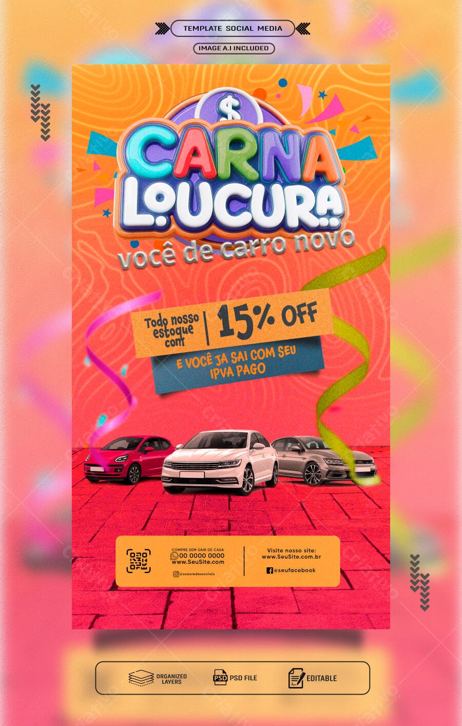Flyer Carro Novo Carna Loucura PSD Editável