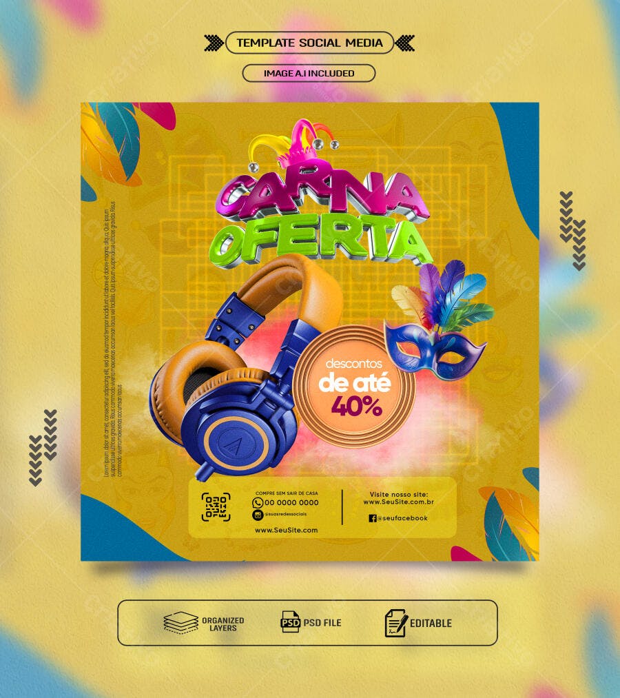 Flyer Carnaval com Descontos PSD Editável
