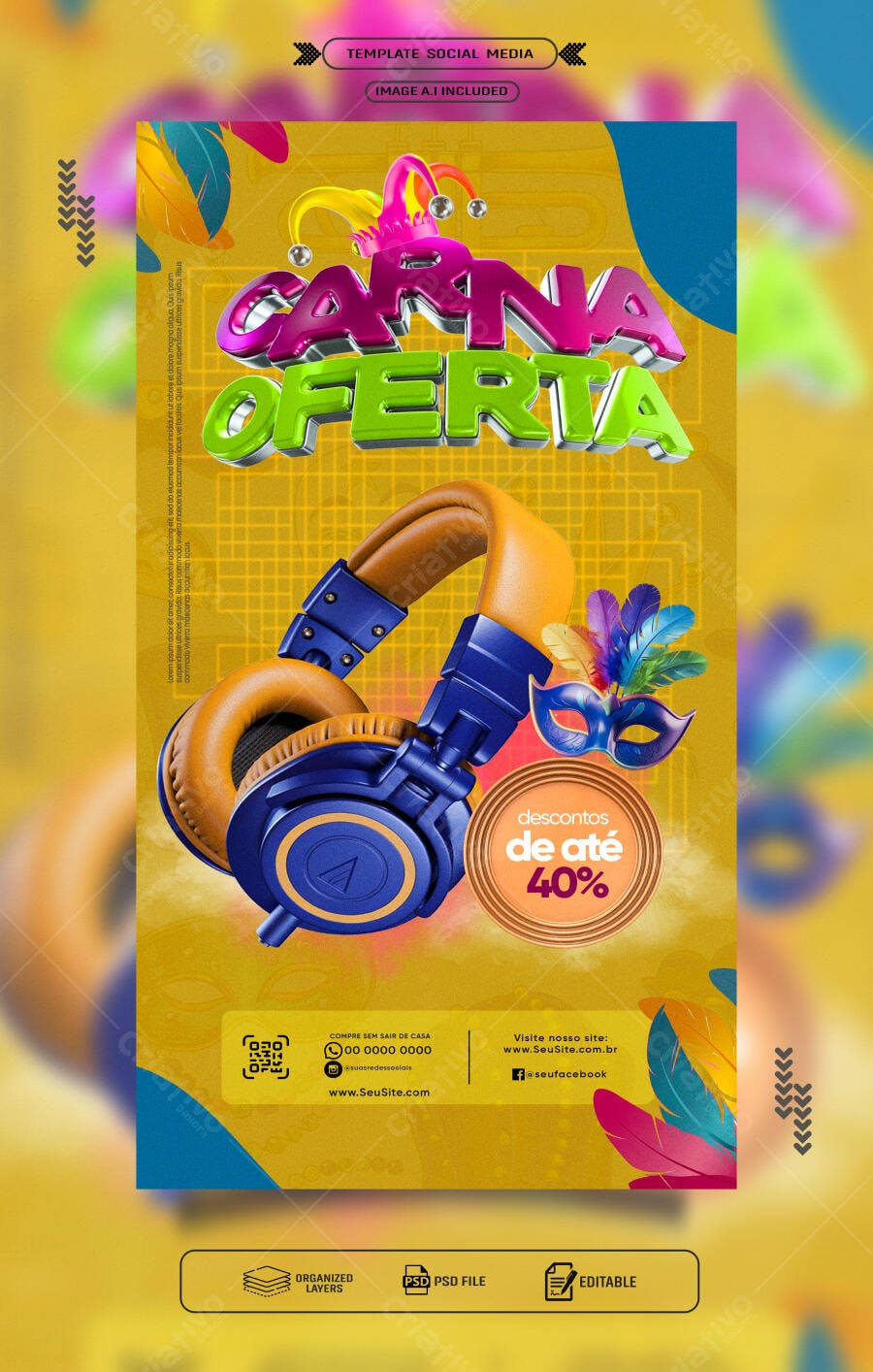 Flyer Carnaval com Descontos PSD Editável