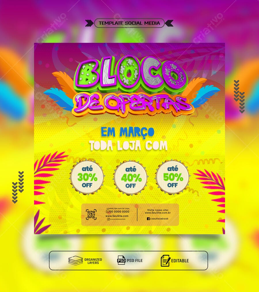 Flyer Carnaval com Descontos PSD Editável