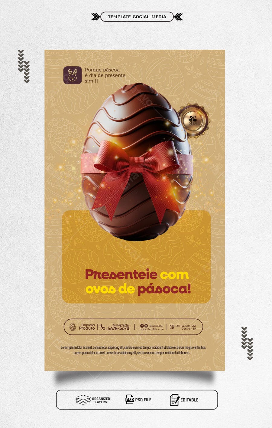 Flyer de Páscoa com Ovo de Chocolate PSD Editável