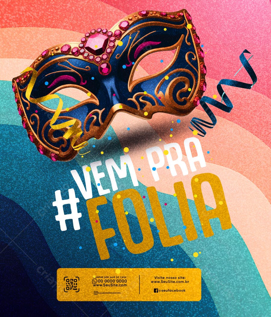 Flyer Carnaval com Máscara Azul e Confetes PSD Editável