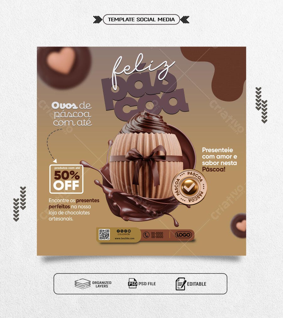 Post Feliz Páscoa com Ovo de Chocolate PSD Editável