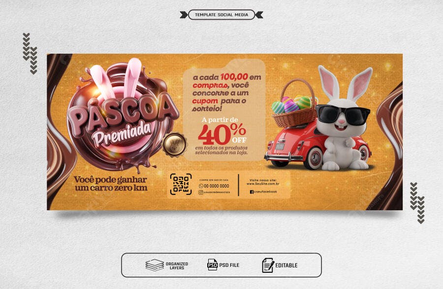 Banner Páscoa Premiada com Coelho e Carro PSD Editável