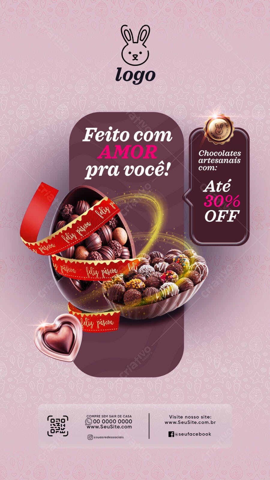 Flyer Páscoa Chocolate Artesanal com 30% OFF PSD Editável
