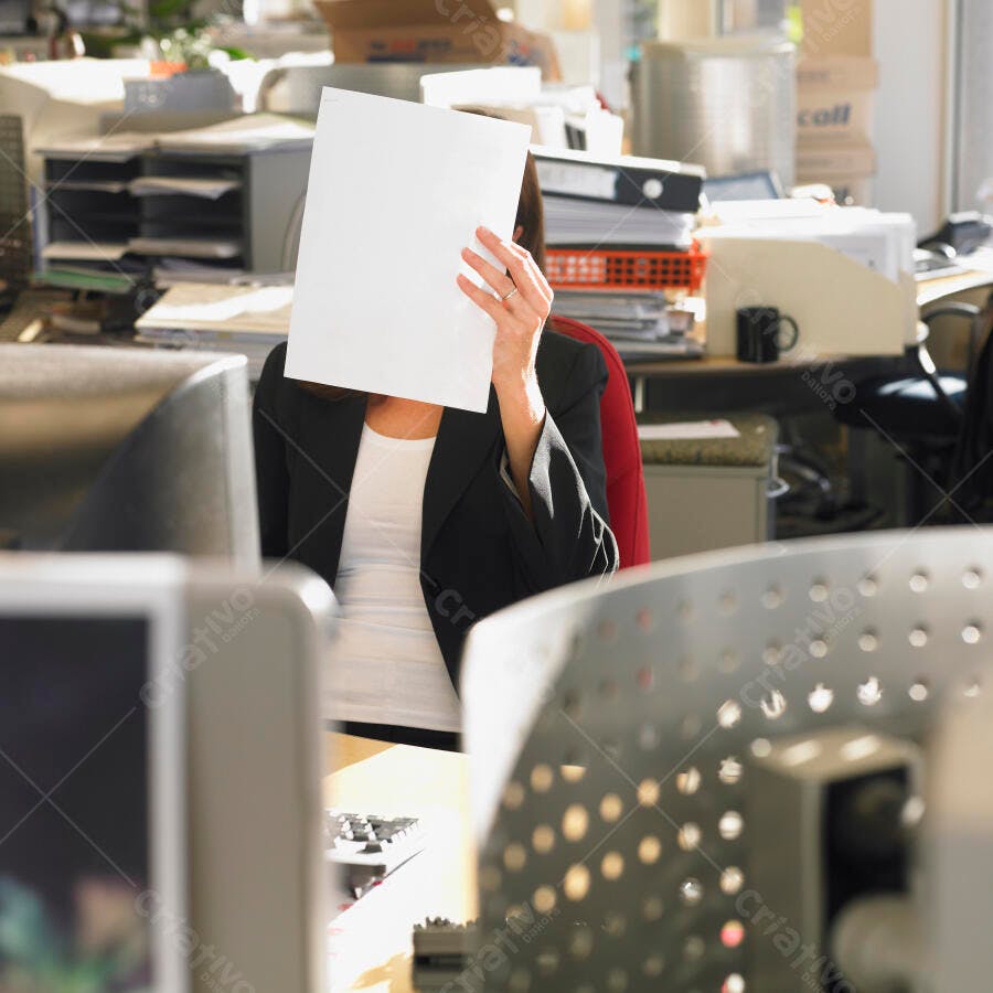 Mulher escondendo rosto com papel no escritório