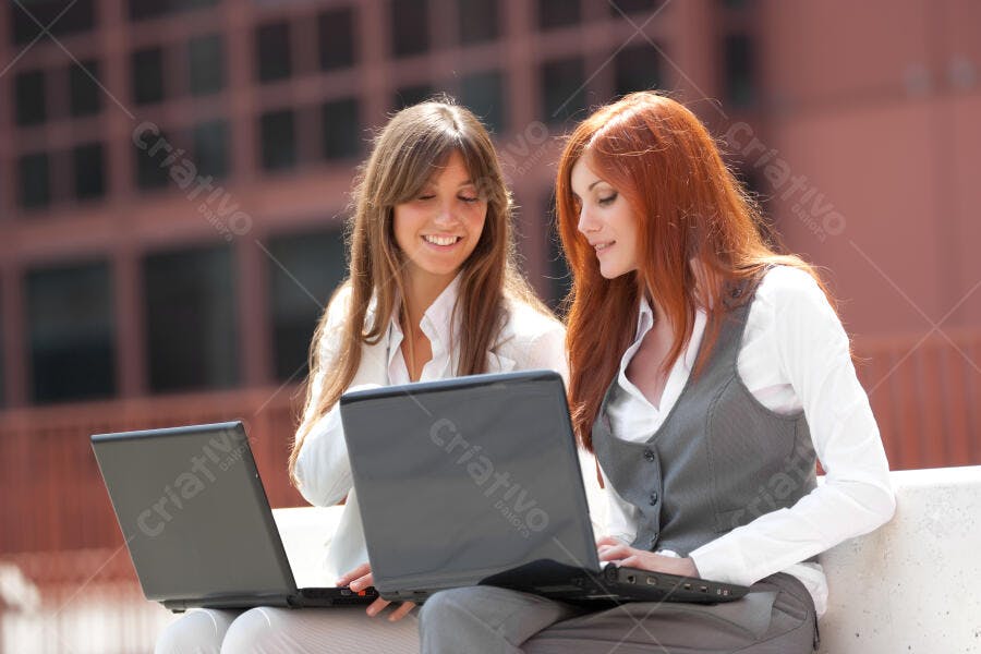 Mulheres em negócios usando laptops ao ar livre