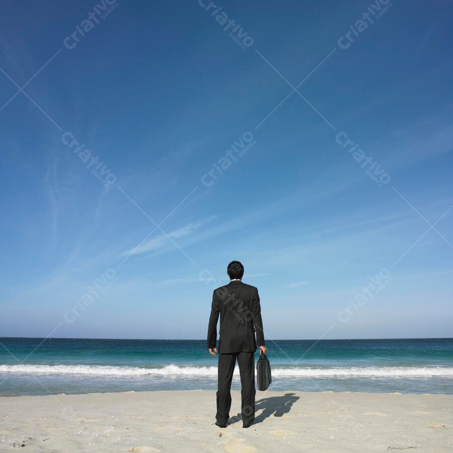 Executivo na praia olhando o mar
