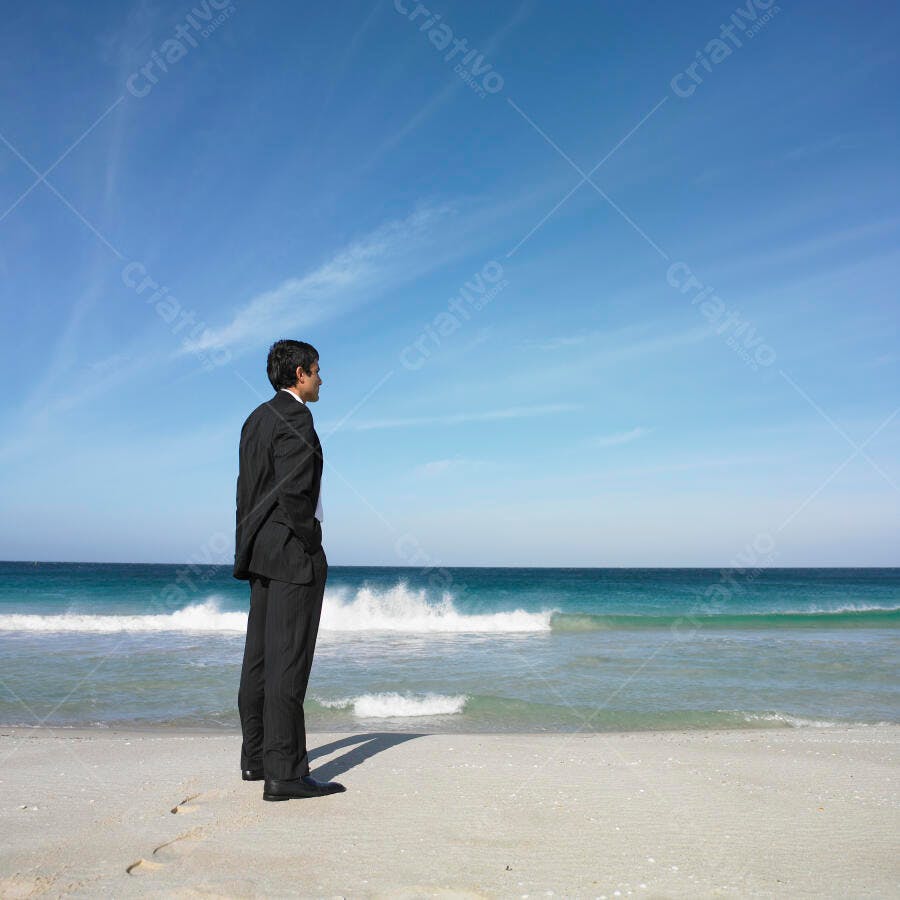 Executivo na praia contemplando o mar