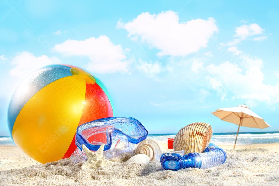 Bola de praia verão areia conchas óculos