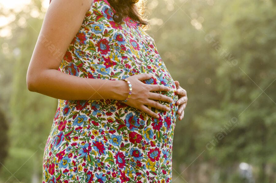 Mãe grávida acariciando a barriga em vestido floral