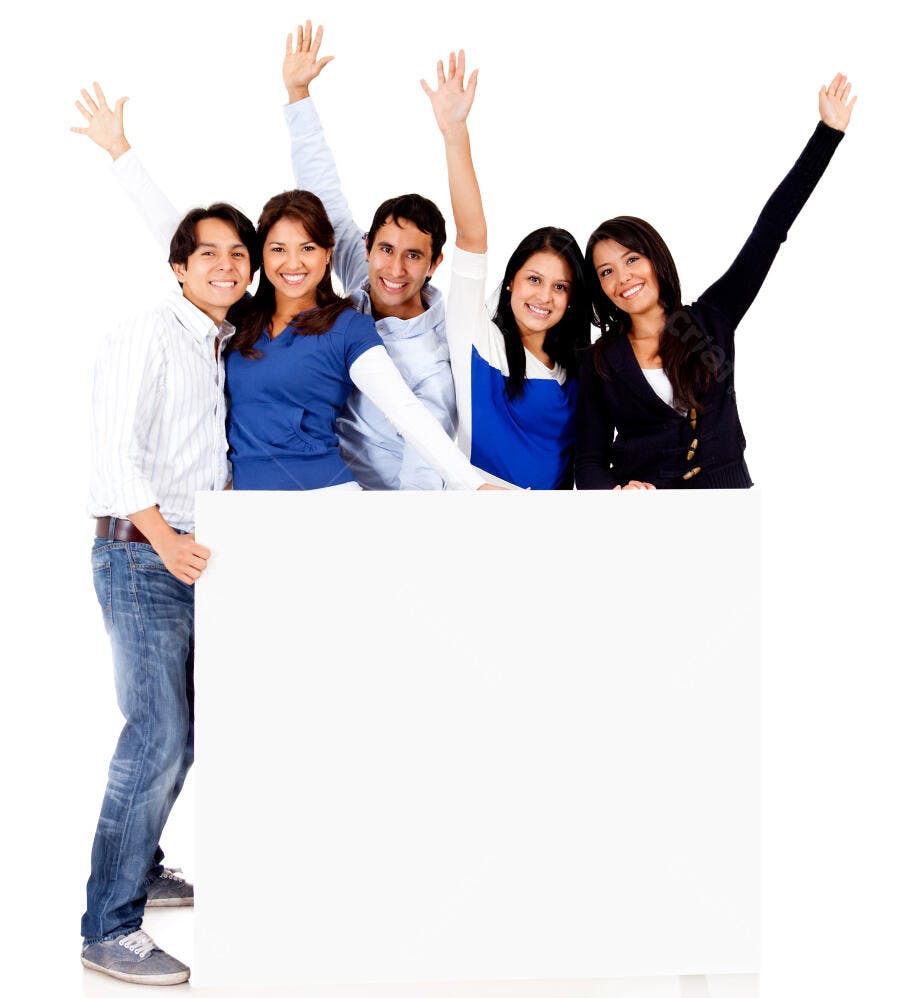 Grupo de jovens felizes com cartaz branco