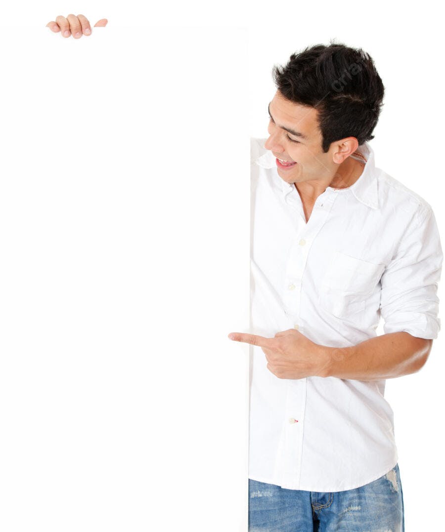 Homem apontando para cartaz branco fundo branco