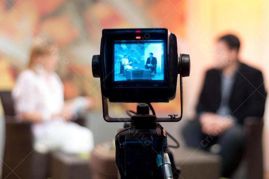 Câmera filmando entrevista em estúdio