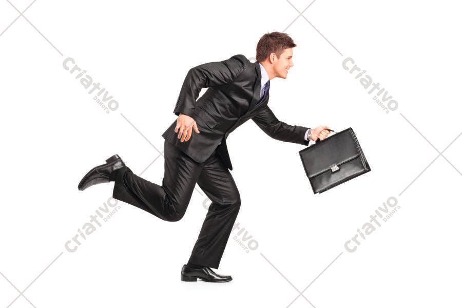 Homem correndo com maleta fundo branco