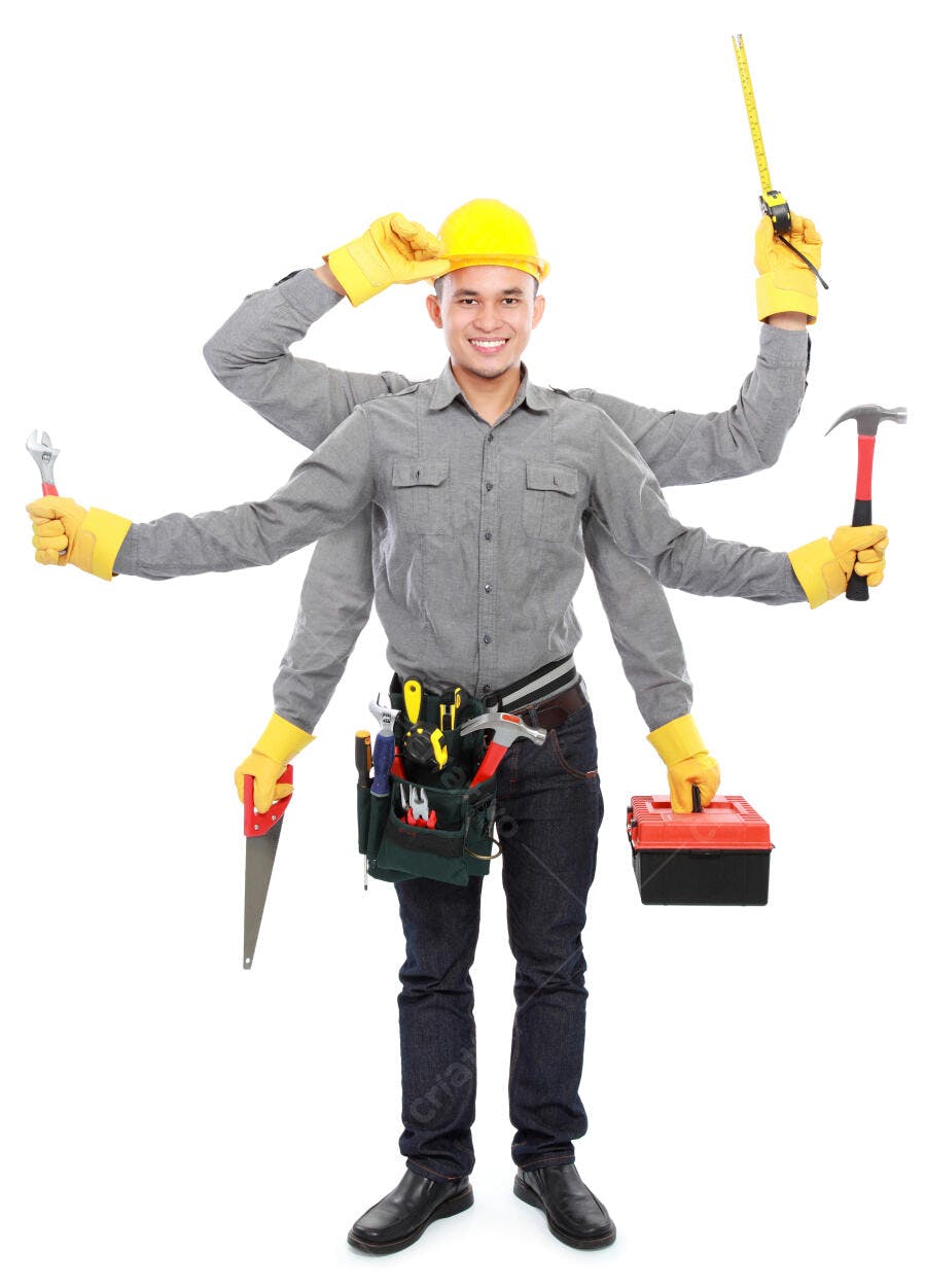 Homem com múltiplas mãos segurando ferramentas