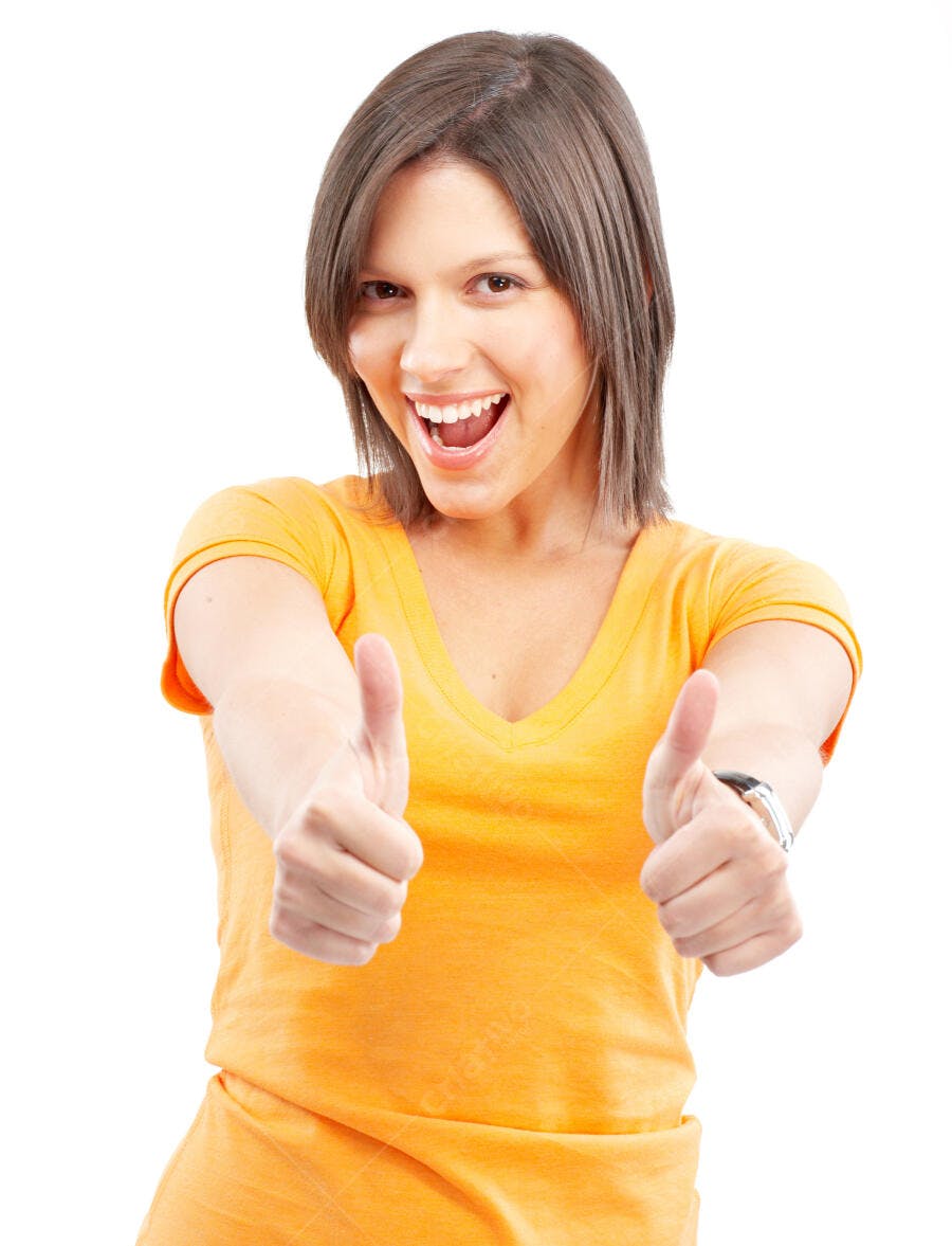 Mulher mostrando positivo fundo branco